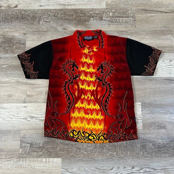 Vintage Silver Point Dragon Flame Shirt Red Yellow Print Button Down Y2K Grunge - Picture 1 of 7